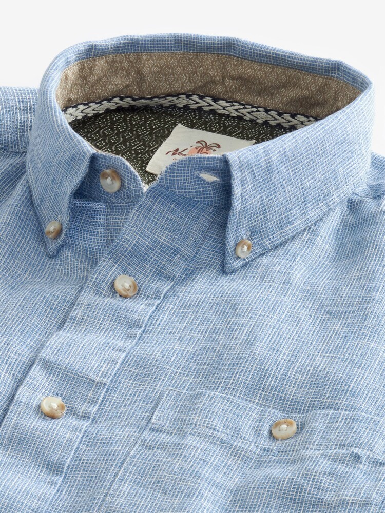 Blue Standard Collar Linen Blend Long Sleeve 100% Cotton Shirt - Image 9 of 9