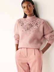 Blush Pink Embellished Crochet High Neck Jumper - Image 1 of 7