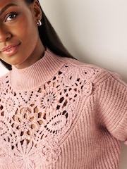 Blush Pink Embellished Crochet High Neck Jumper - Image 5 of 7