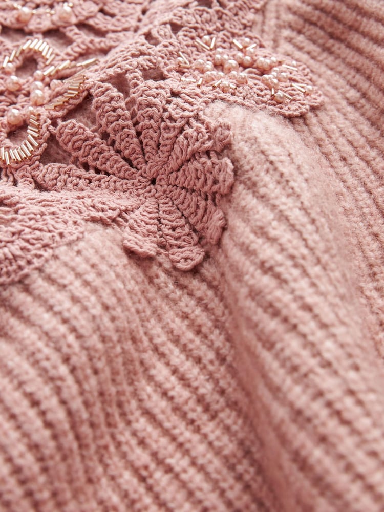 Blush Pink Embellished Crochet High Neck Jumper - Image 7 of 7