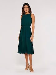 Apricot Forest Green Midi Pleated Skirt Tie Dress - Image 1 of 5