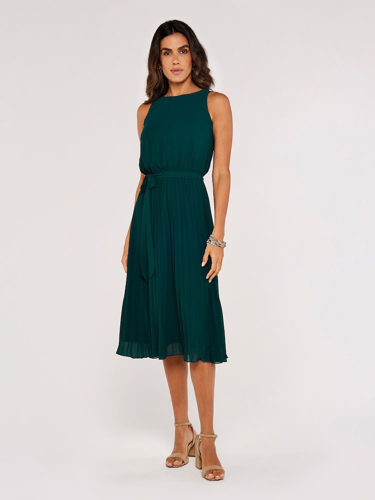 Apricot Forest Green Midi Pleated Skirt Tie Dress - Image 1 of 5