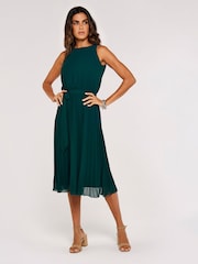 Apricot Forest Green Midi Pleated Skirt Tie Dress - Image 3 of 5