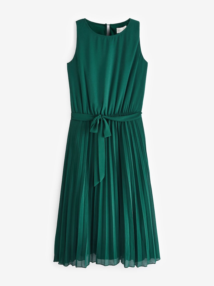 Apricot Forest Green Midi Pleated Skirt Tie Dress - Image 5 of 5
