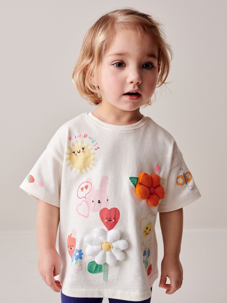 White Flower Short Sleeve Padded Applique 100% Cotton T-Shirt (3mths-7yrs) - Image 1 of 7