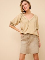 Neutral Washed V-Neck Cotton Blouse - Image 2 of 4