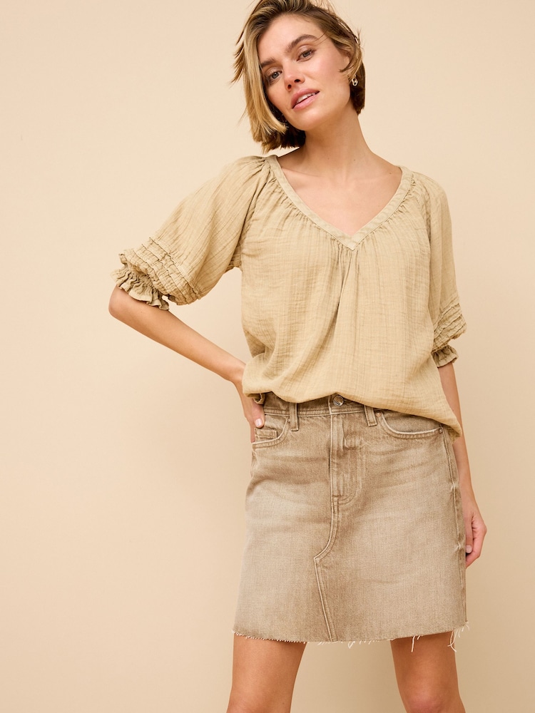 Neutral Washed V-Neck Cotton Blouse - Image 2 of 4