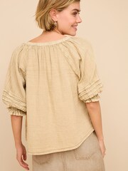 Neutral Washed V-Neck Cotton Blouse - Image 3 of 4