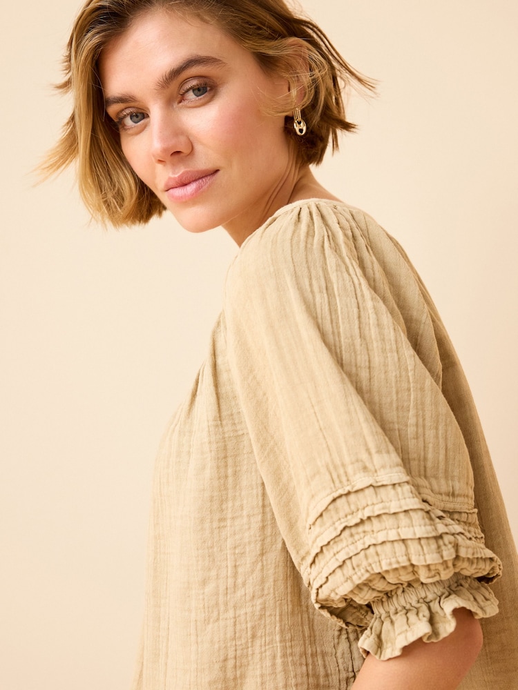 Neutral Washed V-Neck Cotton Blouse - Image 4 of 4