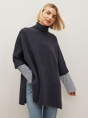 Navy Knitted Poncho with Stripe Sleeve - Image 1 of 5