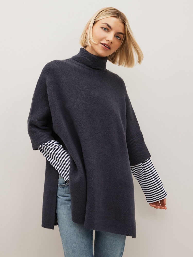 Navy Knitted Poncho with Stripe Sleeve - Image 1 of 5