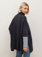 Navy Knitted Poncho with Stripe Sleeve - Image 2 of 5