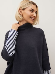 Navy Knitted Poncho with Stripe Sleeve - Image 3 of 5