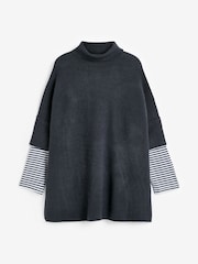 Navy Knitted Poncho with Stripe Sleeve - Image 4 of 5