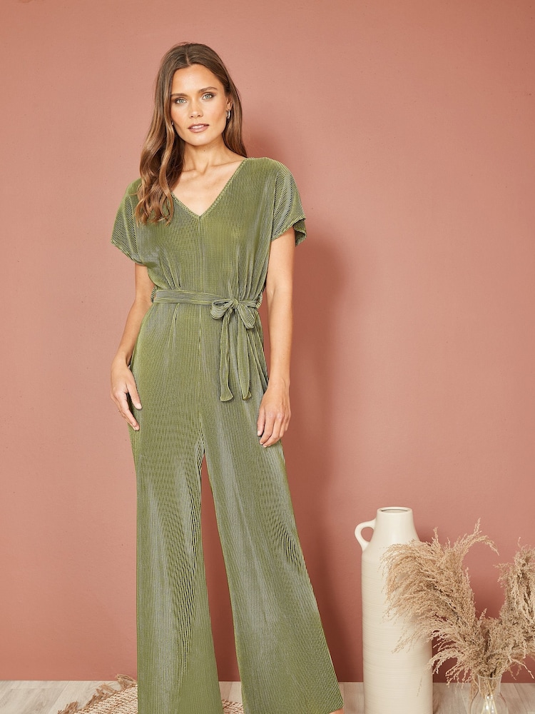 Mela Green Pleated Jumpsuit With V-Neck - Image 1 of 4