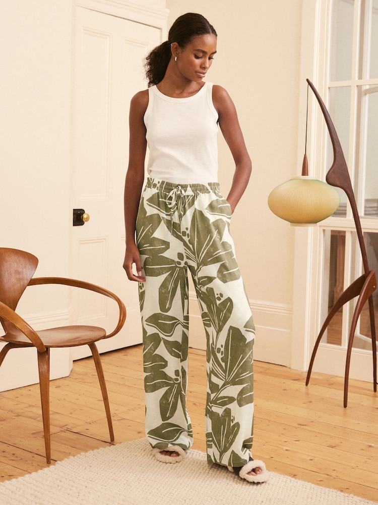 Green/Ecru Leaf Linen Blend Pyjama Bottoms - Image 2 of 6 Green/Ecru Leaf Linen Blend Pyjama Bottoms - Image 2 of 6