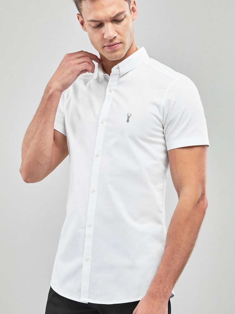White Slim Short Sleeve Stretch Oxford Shirt - Image 1 of 4
