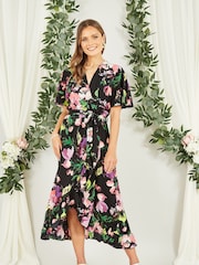 Mela Black Floral Wrap Midi Dress With Frills - Image 1 of 5