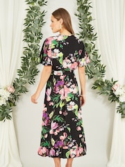 Mela Black Floral Wrap Midi Dress With Frills - Image 2 of 5