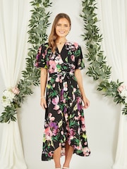 Mela Black Floral Wrap Midi Dress With Frills - Image 3 of 5