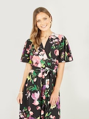 Mela Black Floral Wrap Midi Dress With Frills - Image 4 of 5