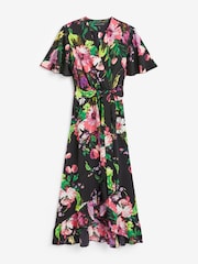 Mela Black Floral Wrap Midi Dress With Frills - Image 5 of 5