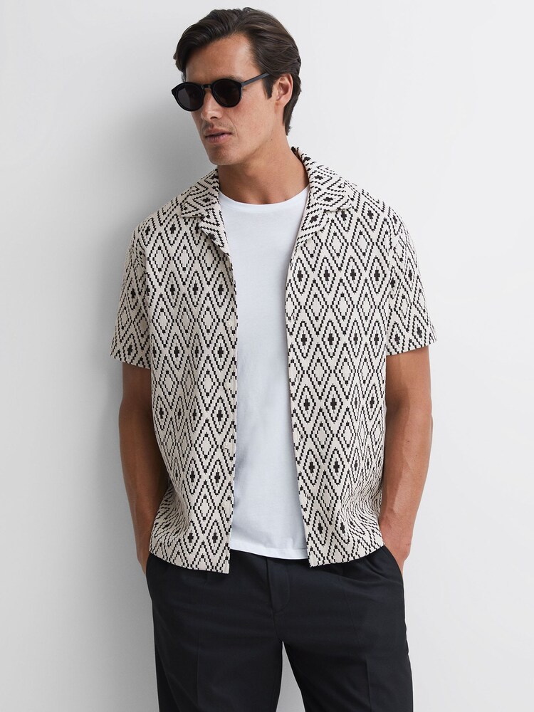 Reiss White/Black Cedar Jacquard Cuban Collar Shirt - Image 1 of 5