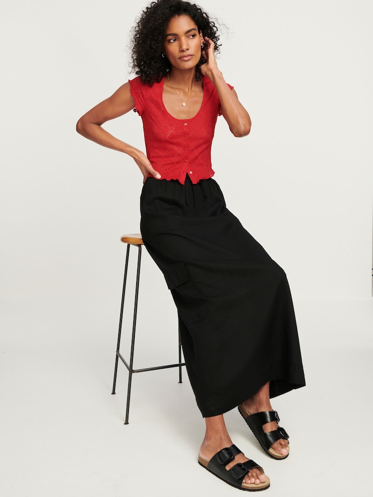 Black Column Midi Skirt with Linen - Image 2 of 7