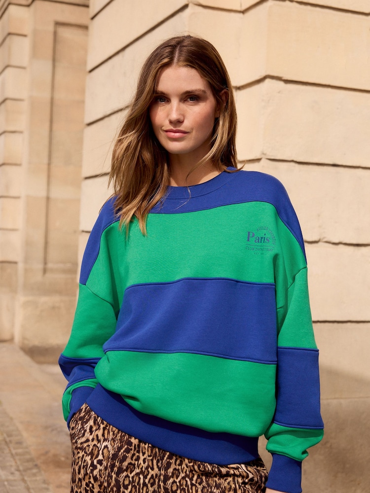 Blue/Green Relaxed Fit Heavyweight Graphic Paris Slogan Stripe Sweatshirt - Image 1 of 6