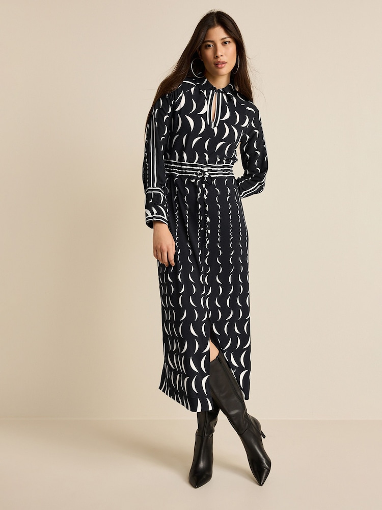 Black/White Moon Print Long Sleeve Column Midi Dress - Image 1 of 5