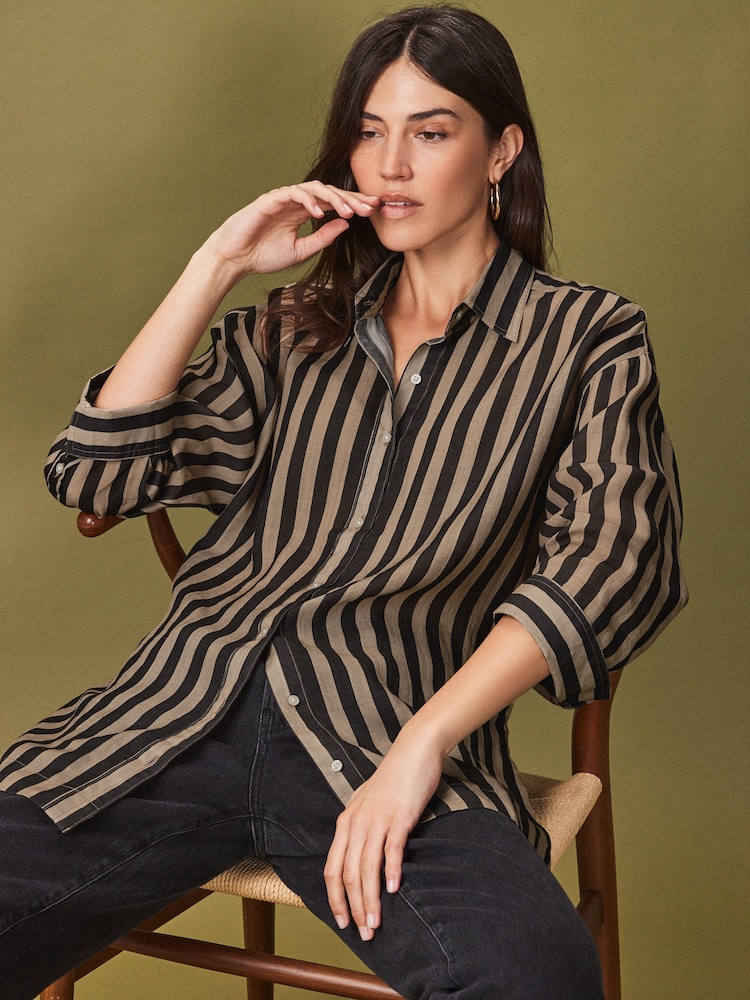 Brown Ramie Blend Long Sleeve Shirt - Image 1 of 6