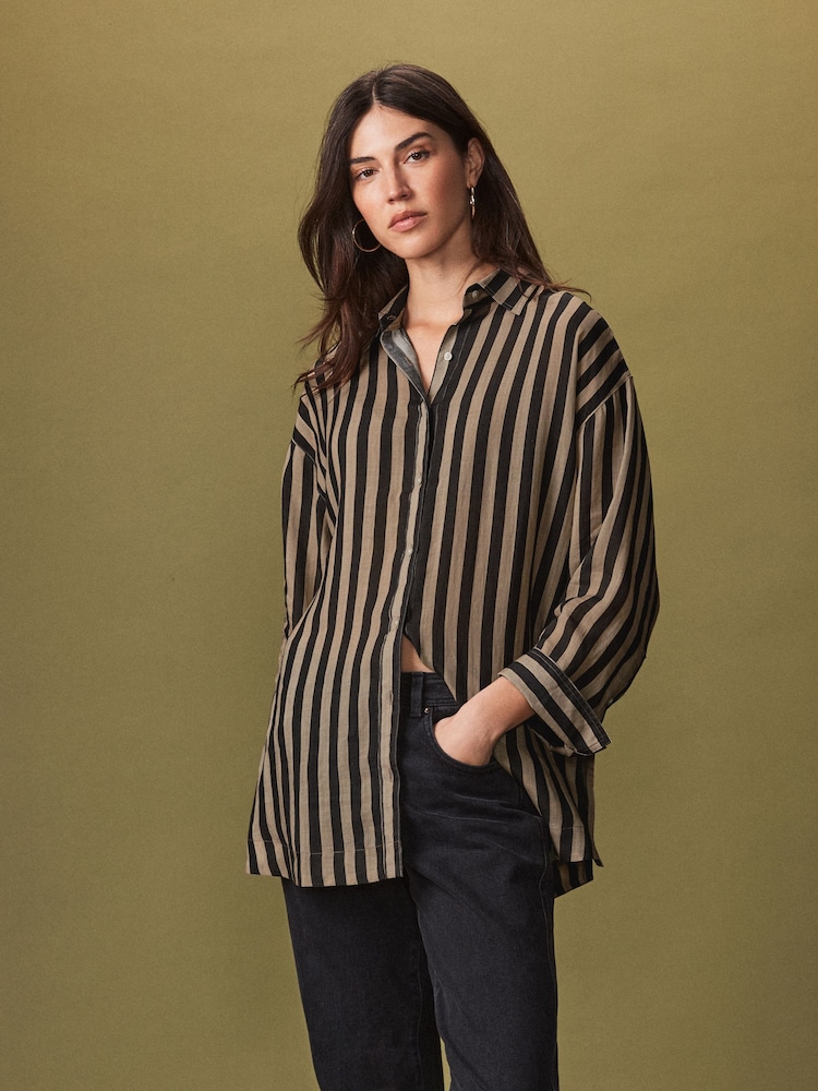 Brown Ramie Blend Long Sleeve Shirt - Image 2 of 6