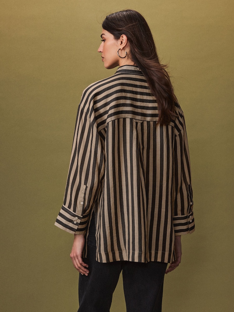Brown Ramie Blend Long Sleeve Shirt - Image 3 of 6