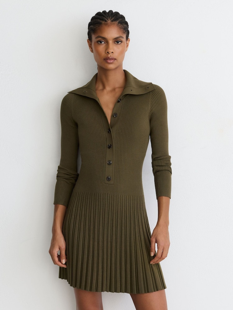 Reiss Khaki Green Nieve Rib-Knit Pleated Half-Button Mini Dress - Image 1 of 8