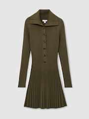 Reiss Khaki Green Nieve Rib-Knit Pleated Half-Button Mini Dress - Image 2 of 8