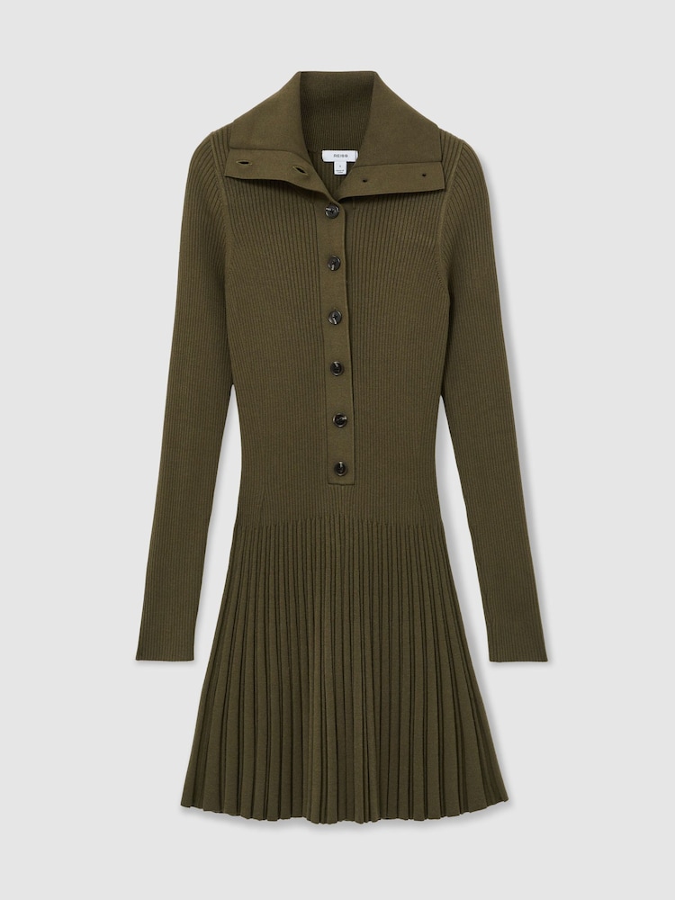Reiss Khaki Green Nieve Rib-Knit Pleated Half-Button Mini Dress - Image 2 of 8