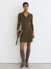 Reiss Khaki Green Nieve Rib-Knit Pleated Half-Button Mini Dress - Image 3 of 8