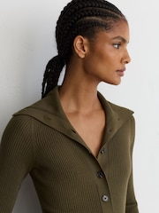 Reiss Khaki Green Nieve Rib-Knit Pleated Half-Button Mini Dress - Image 4 of 8