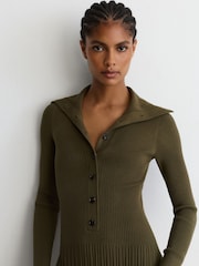 Reiss Khaki Green Nieve Rib-Knit Pleated Half-Button Mini Dress - Image 5 of 8