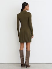 Reiss Khaki Green Nieve Rib-Knit Pleated Half-Button Mini Dress - Image 7 of 8