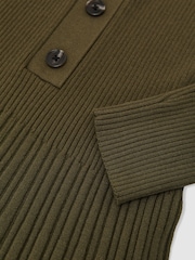 Reiss Khaki Green Nieve Rib-Knit Pleated Half-Button Mini Dress - Image 8 of 8