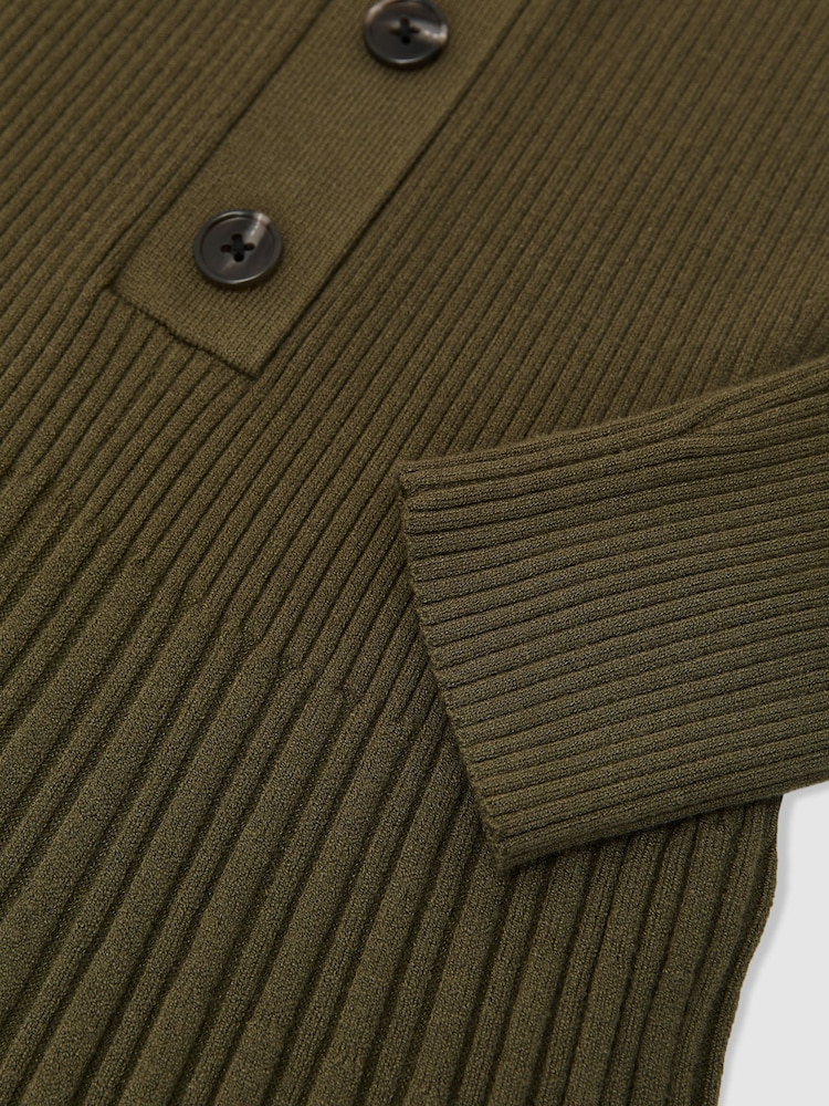 Reiss Khaki Green Nieve Rib-Knit Pleated Half-Button Mini Dress - Image 8 of 8