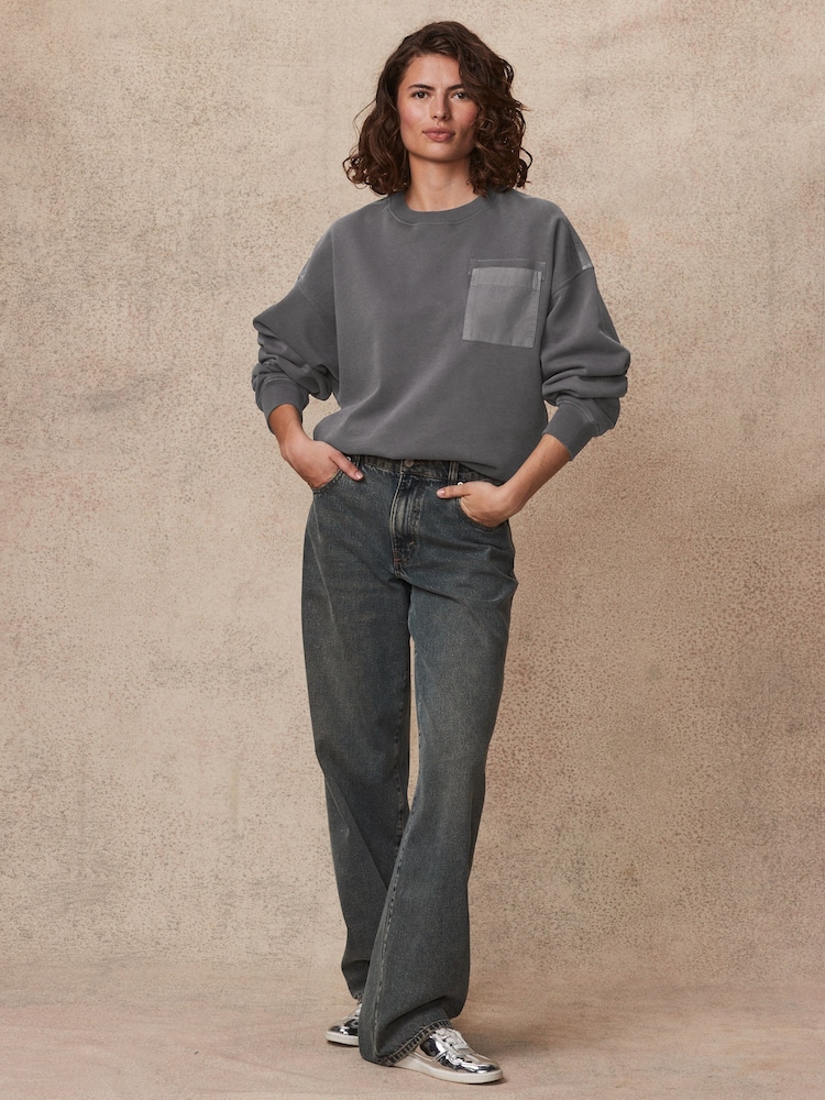 Grey Charcoal Utility Pocket Front Panelled Crew Neck 100% Cotton Sweatshirt - Image 2 of 7 Grey Charcoal Utility Pocket Front Panelled Crew Neck 100% Cotton Sweatshirt - Image 2 of 7