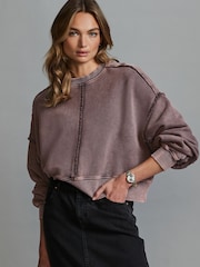 Faded Purple Washed Exposed Seam Crew Neck 100% Cotton Sweatshirt - Image 1 of 6