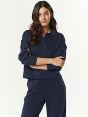Navy Blue Slinky Smart Collared Polo Sweat Top - Image 1 of 4