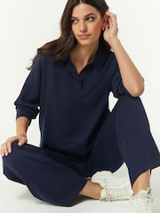 Navy Blue Slinky Smart Collared Polo Sweat Top - Image 2 of 4