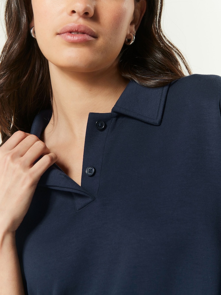 Navy Blue Slinky Smart Collared Polo Sweat Top - Image 4 of 4
