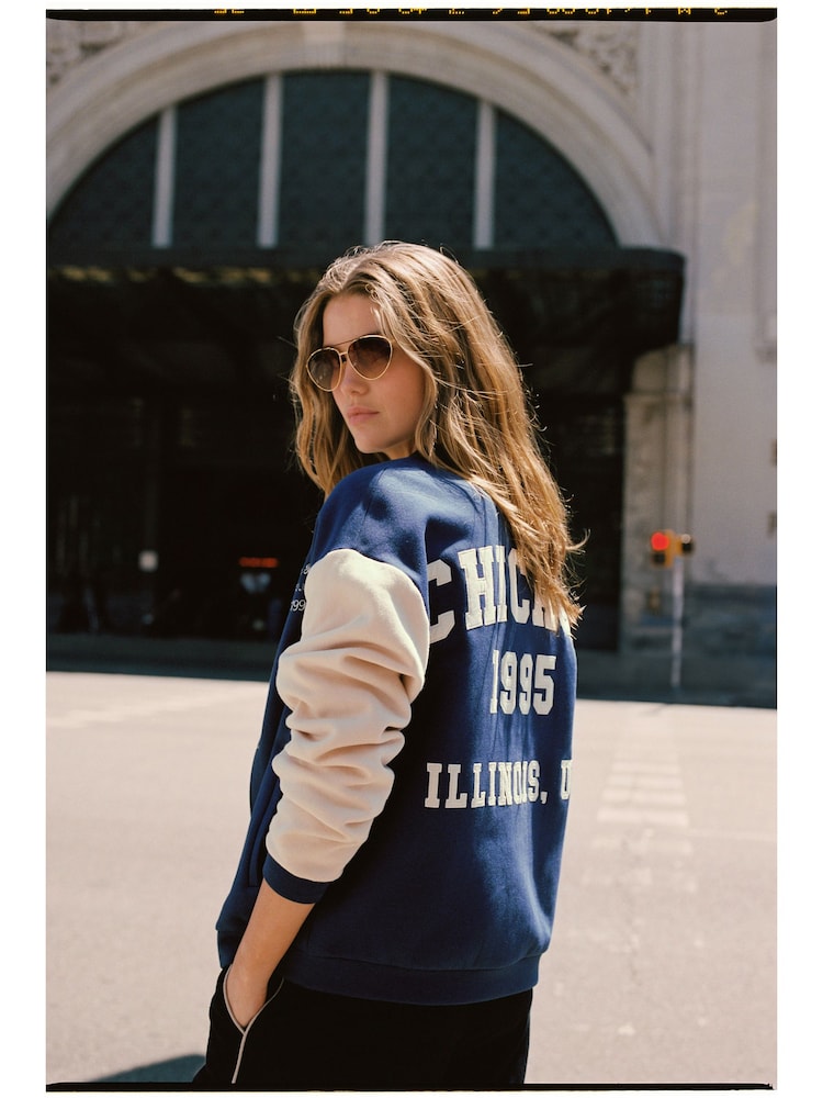 Navy Blue Chicago Slogan Back Graphic Baseball Letterman Varsity Jacket - Image 1 of 4