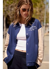 Navy Blue Chicago Slogan Back Graphic Baseball Letterman Varsity Jacket - Image 2 of 4