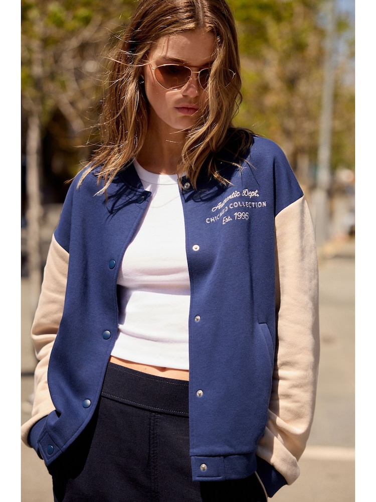 Navy Blue Chicago Slogan Back Graphic Baseball Letterman Varsity Jacket - Image 2 of 4